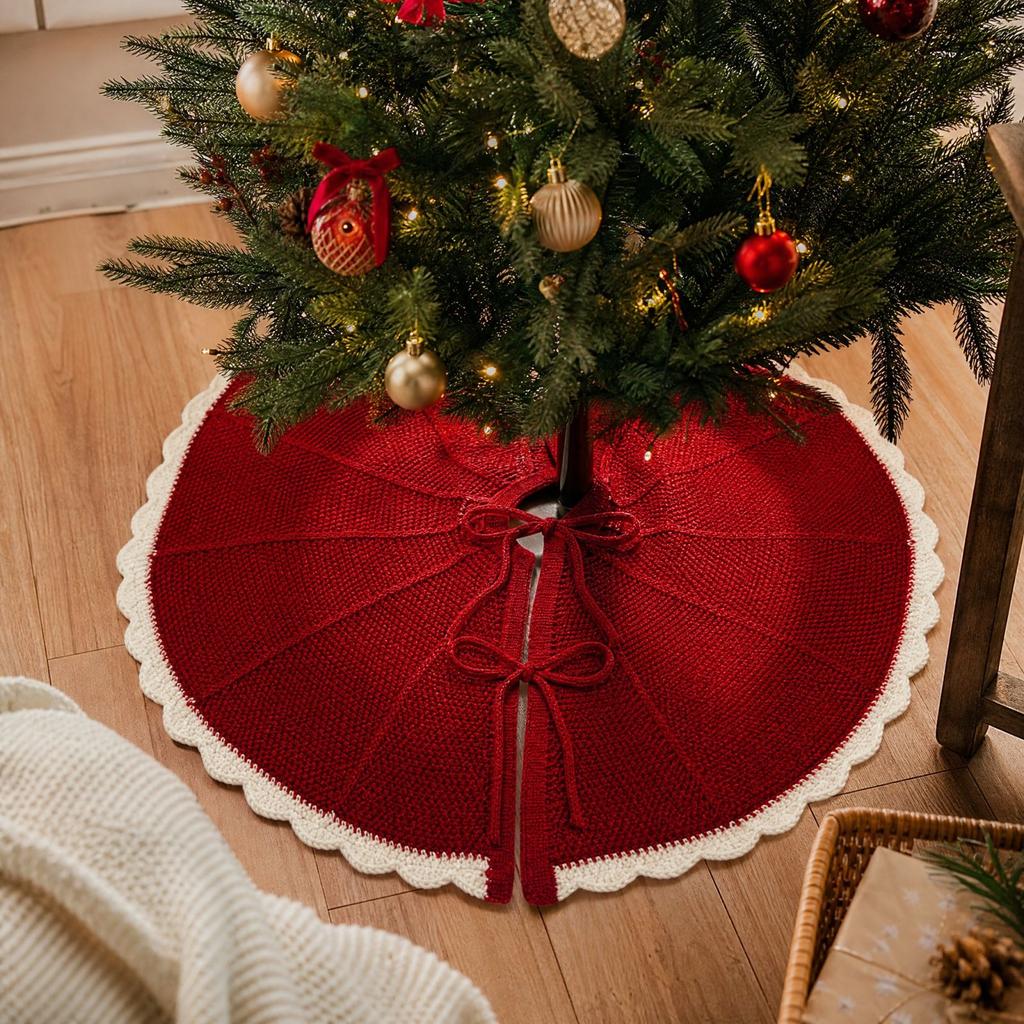 Knitted Christmas Tree Skirt with Petal Design, Inch Tree Base Cover for Holiday Christmas Decor