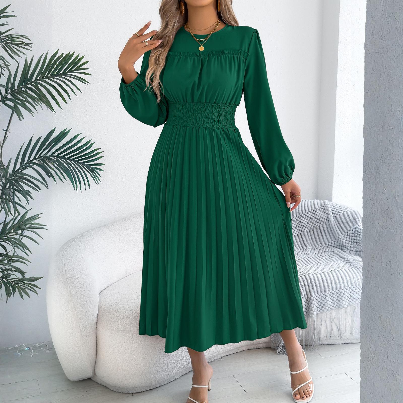 Women s Casual  Round Neck Ear-rimmed Long Sleeve Tight Waist Pleated Dress L