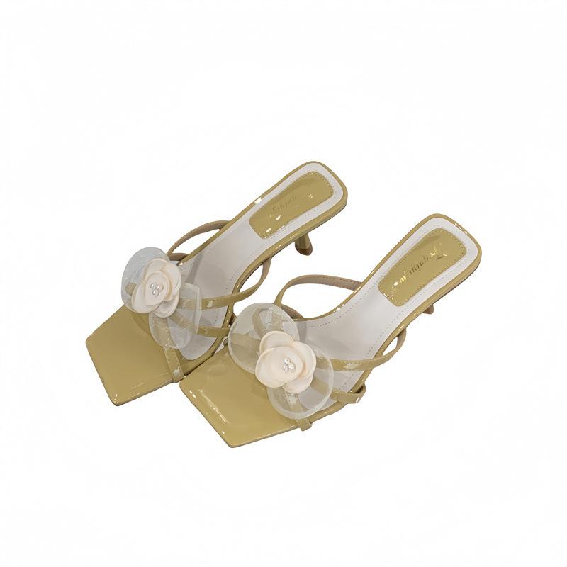 French one-word with square head open-toed sandals women's stiletto high heels fairy style 2025 summer new flower slippers