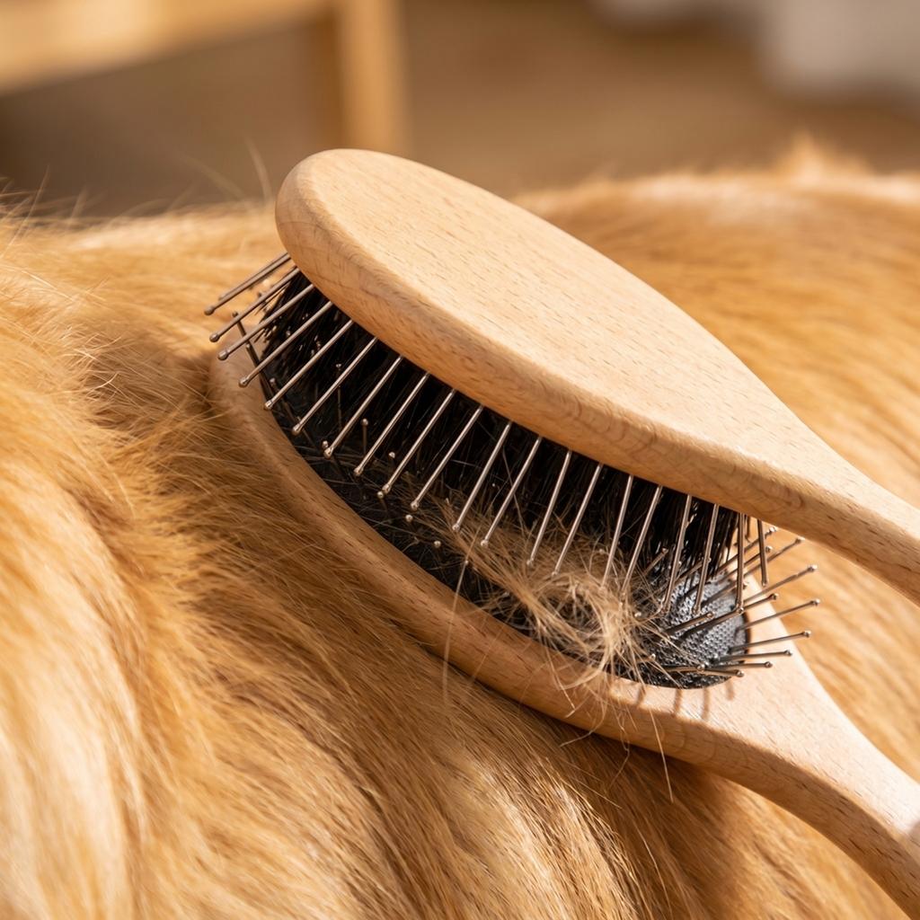 Pet Grooming Brush with Wooden Handle and Metal Pin Bristles for Shedding Control and Coat Maintenance Suitable for Dogs and Cats