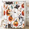 Halloween-themed shower curtains featuring pumpkin lanterns, ghosts, witches hats, cats, bats waterproof bathroom decor with fal
