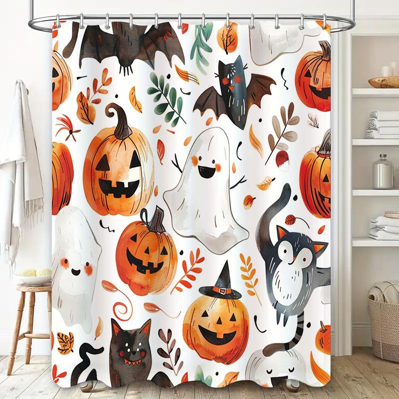 Halloween-themed shower curtains featuring pumpkin lanterns, ghosts, witches hats, cats, bats waterproof bathroom decor with fal