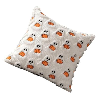 Halloween Embroidered Pumpkin Ghostly Cushion Cover 18x18Inch Soft Faux Furs Pillow Case For Couch Bed Sofa Decors