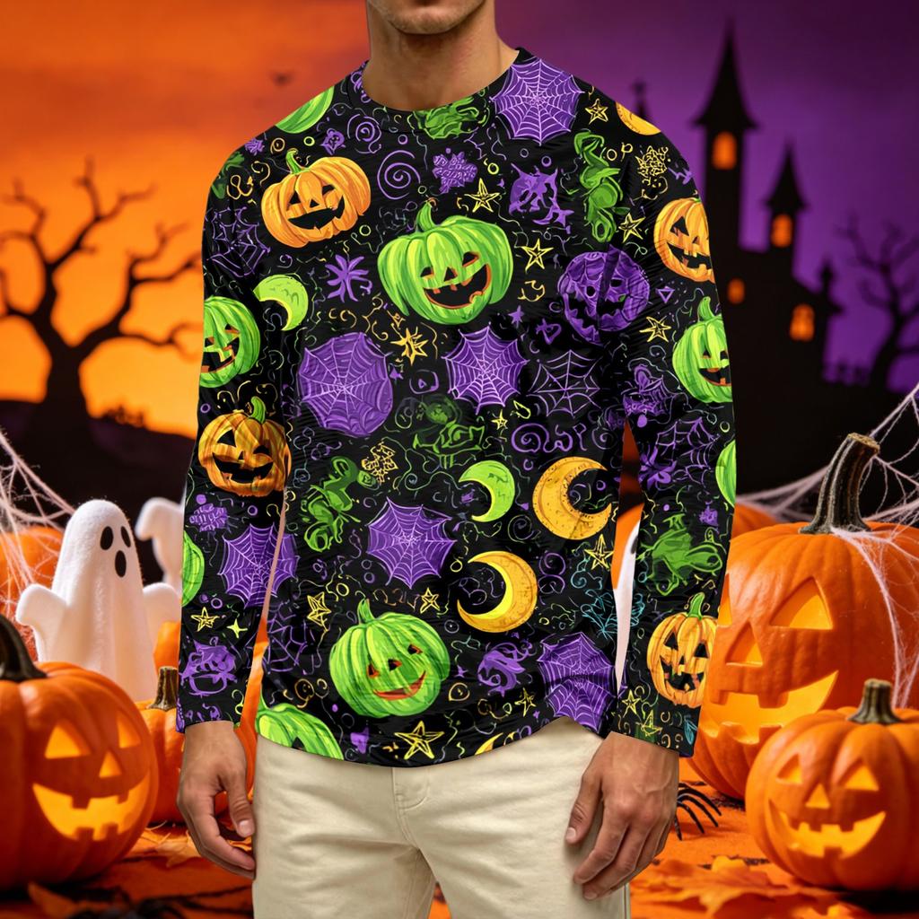 Men's Casual Long Sleeve Crew Neck T-Shirt with Pumpkin and Floral Print Comfortable Fit Lightweight Fabric Suitable for Daily Wear