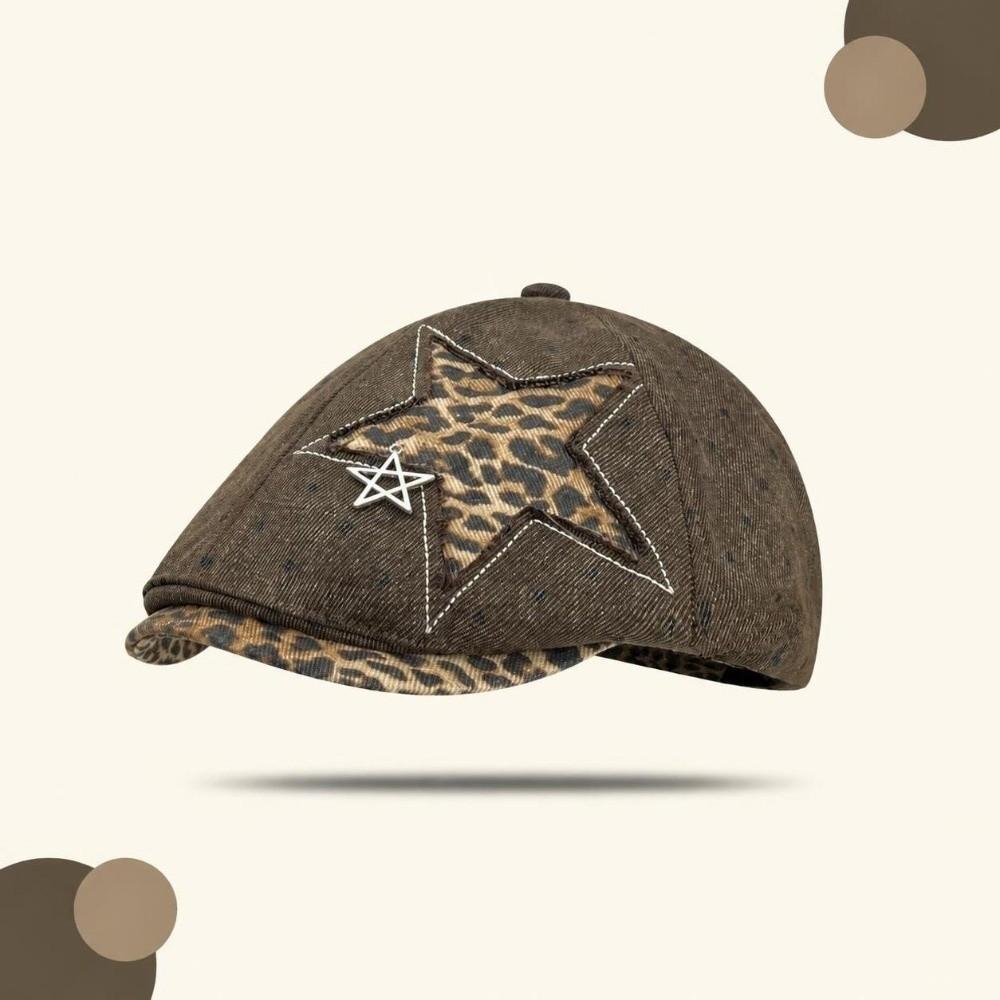 Leopard Denim Beret Hat Star Rivet Forward Hat Vintage Newsboy Cap Harajuku Style