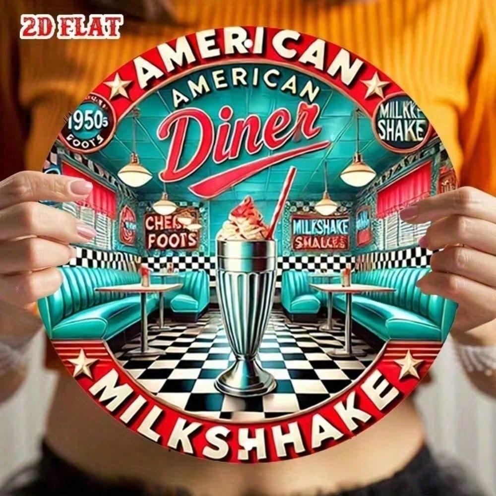Vintage 1950s Retro Round Metal Wall Sign 12 Inch Milkshake Diner Tin Sign for Bar Pub Kitchen Home Decor Aluminum Art