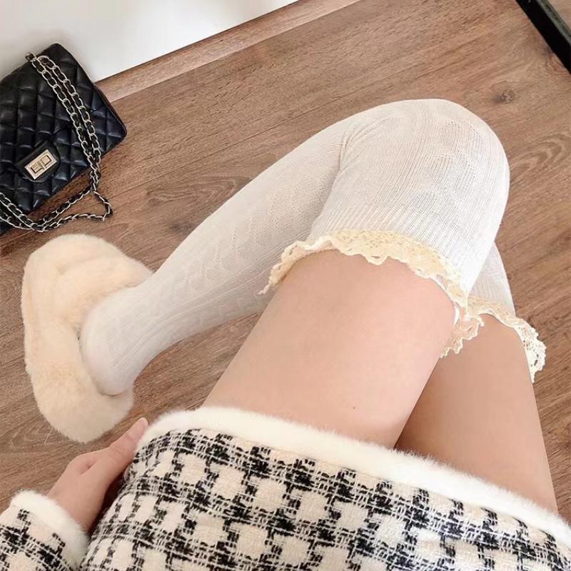 Lolita Sznurowane Długie Podkolanówki Damskie Za Kolano Podkolanówki do Uda Wiosna Jesień Moda Dziewczęca Ciepłe Seksowne Bawełniane Rajstopy JK