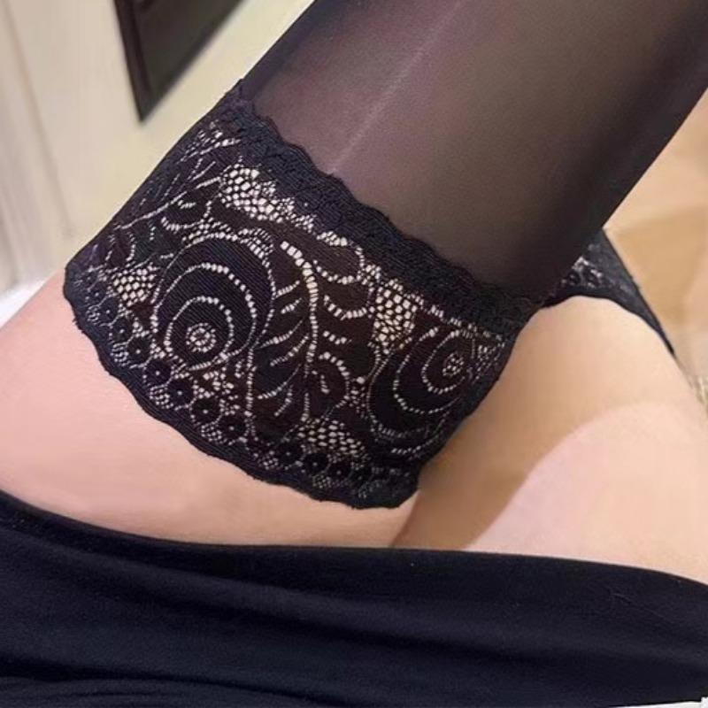 Cuban Heel Back Seam Stockings Contrast Color Lace Patchwork Stockings For Women 1D Thin Oil Shiny Over Knee Non-slip Hosiery