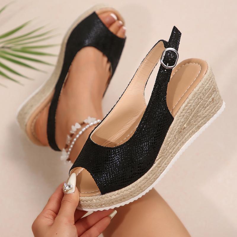 Fashion Sexy Black Peep Toe Sandals Women 2025 Summer Wedge Heels Back Strap Shoes Women Casual Hemp Sole Beach Sandals Plus Size 43