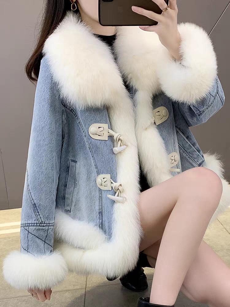 2025 Women's Winter Fur Collar Denim Cotton Parka: High-End Fashion with Versatile Style