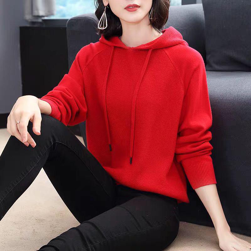 Вязаный свитер с капюшоном и завязками женская куртка верхняя одежда нижняя одежда свитер с длинными рукавами для весны и осени для женщин one size красный 2317₽