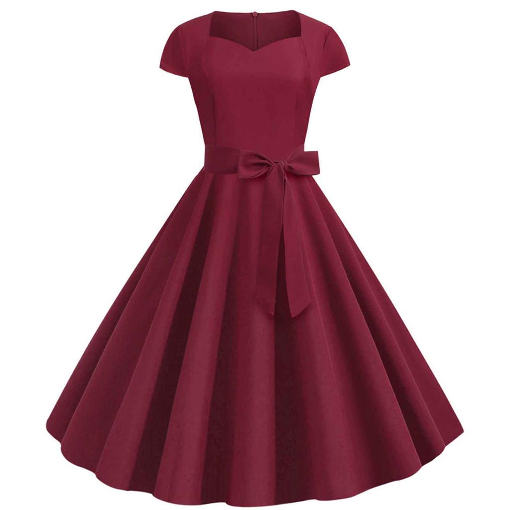 Women's Fashion Casual Slim Fit Solid Colour  Vintage Dress With Belt With Large Hem
