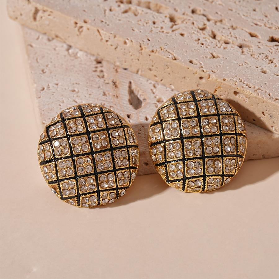 Retro style diamond-set round geometric silver needle stud earrings simple niche premium earrings