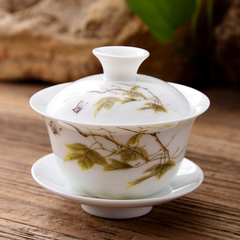 3.4-Inch Blue & White Ceramic Gaiwan Tea Set - 3-Piece, 100ml Capacity