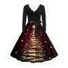 Women's Fashion Elegant Autmn and Winter Long Sleeve V-Neck Christmas Print Dress