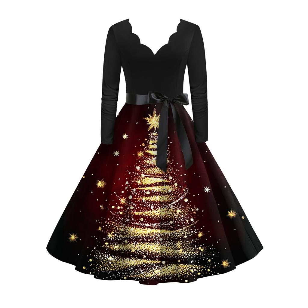 Women's Fashion Elegant Autmn and Winter Long Sleeve V-Neck Christmas Print Dress