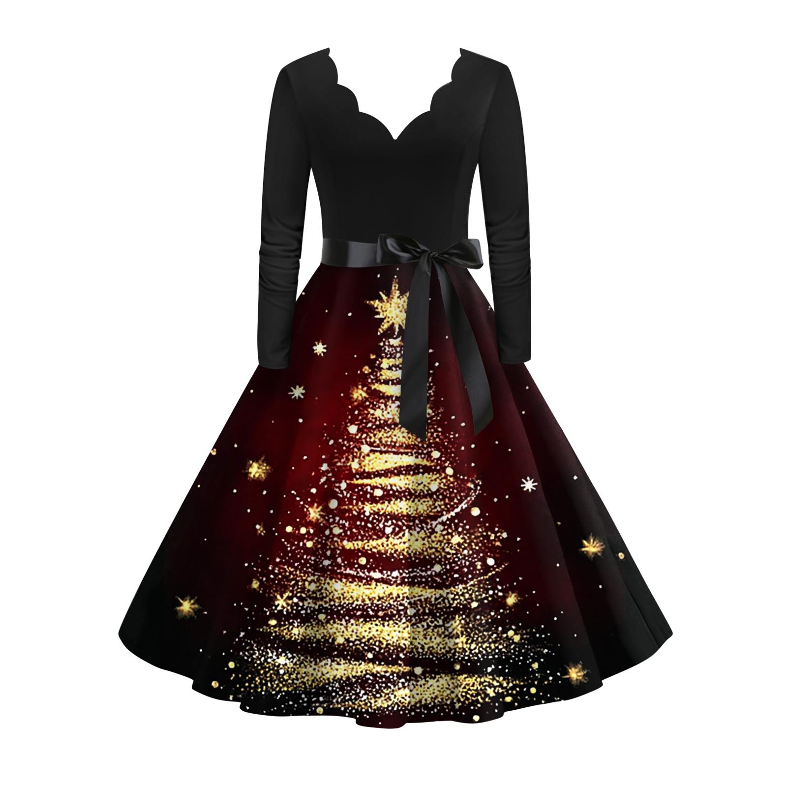 

Женское модное элегантное осенне-зимнее платье с длинным рукавом и V-образным вырезом с рождественским принтом XXL винный