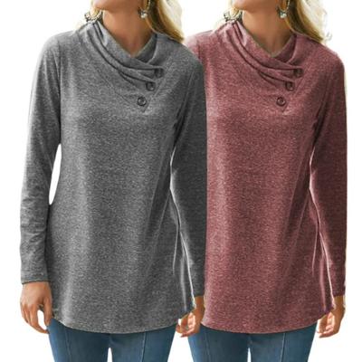 Ladies Pure Color Pile Collar Buttoned Long Sleeve Tunic Tops Autumn Winter Loose Blouse Plus Size