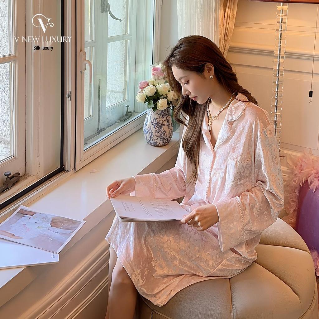 Silk Luxury Mid-Length French Nightgown - Gold Velvet, Thick, Early Winter