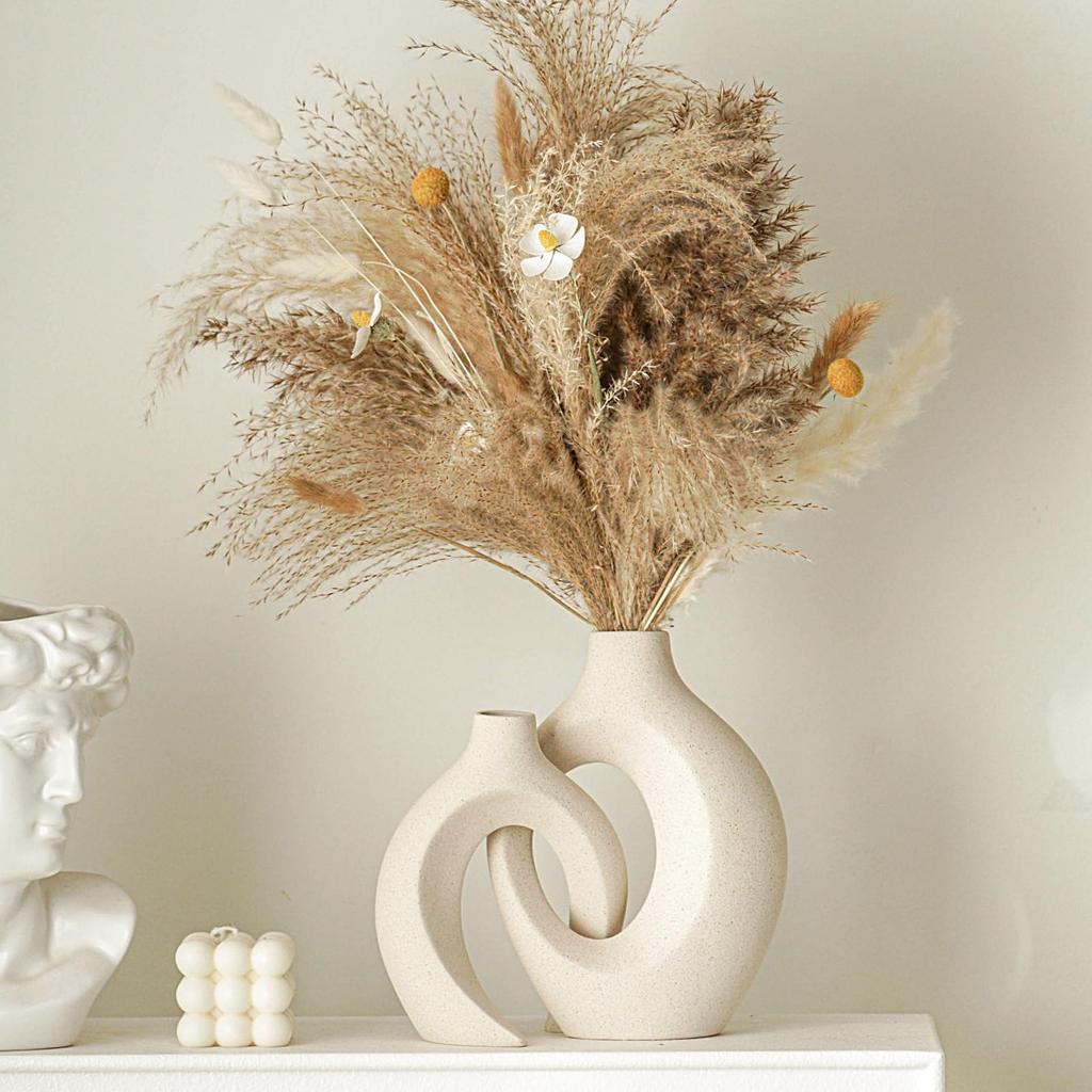Levvohd Stylish Vase for Home Decor, Ceramic Base, Hollow Ceramic Single Flower Vase, Set of 2 (Beige Medium)