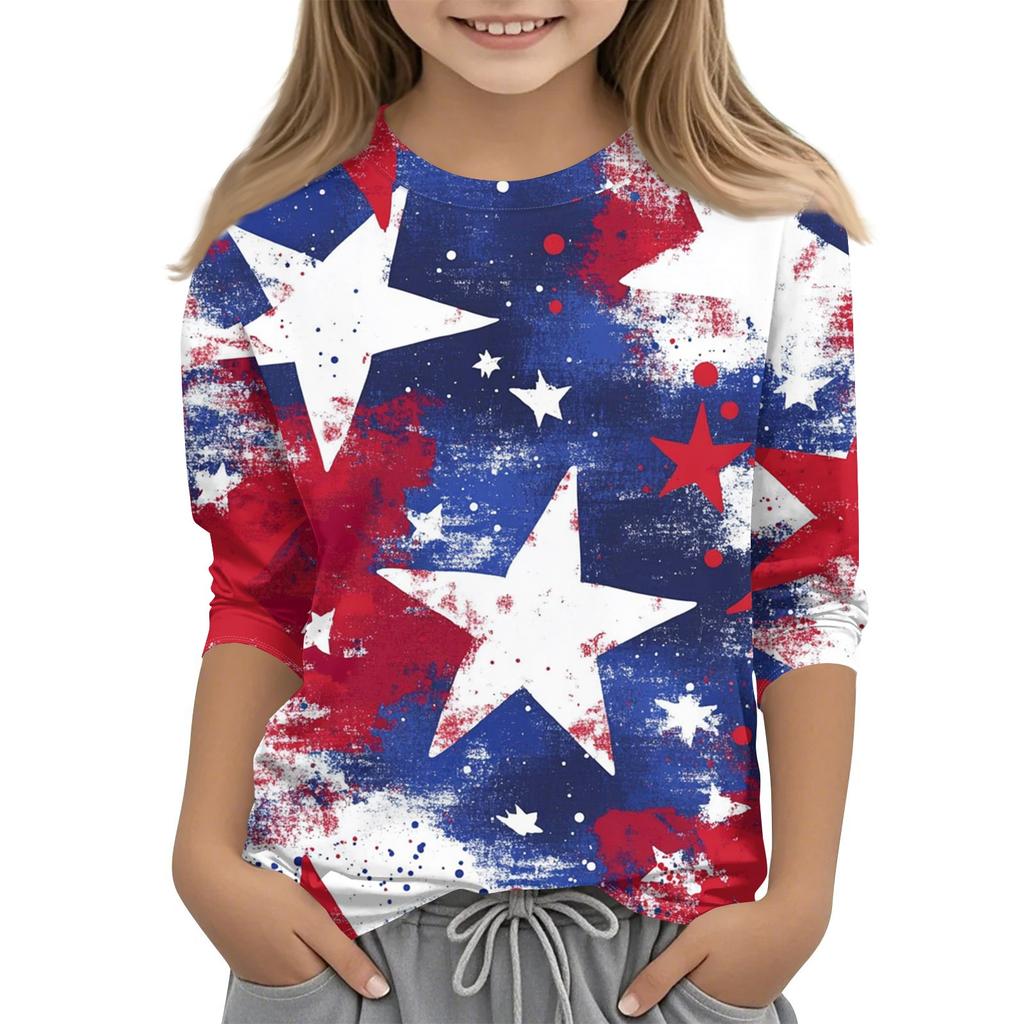 Barne 7/8-ermet trykket Independence Day crew-neck avslappet t-skjorte