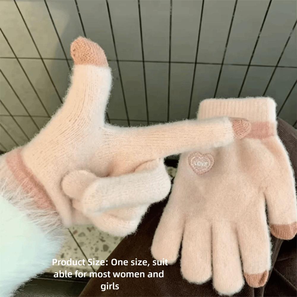 Candy Color Winter Warm Gloves Heart Embroidery Fuzzy Cold Proof Gloves  For Women