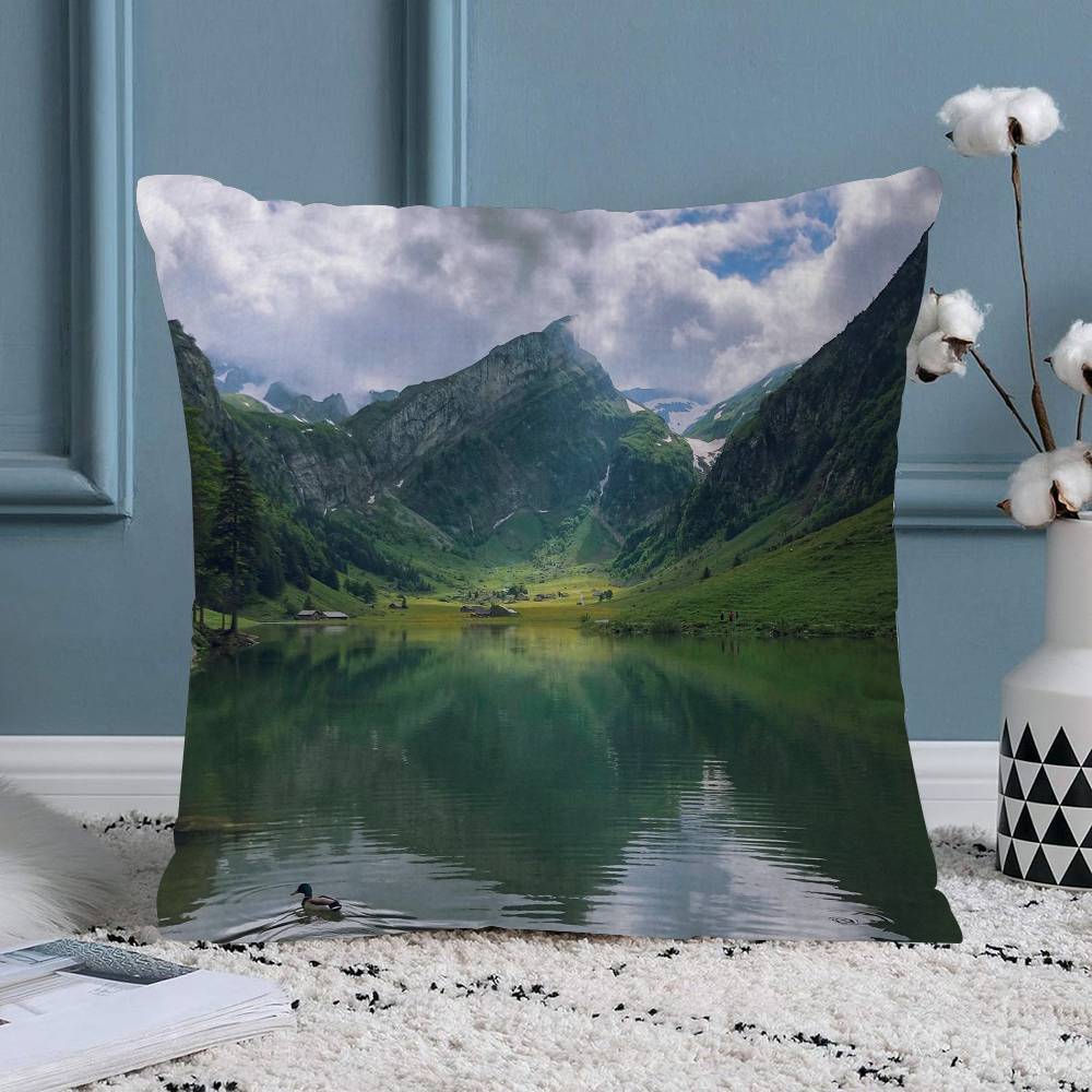 

Beautiful Green Mountain Landscape Nature Scenery Cushion Cover Farmhouse Decor Home Throw Pillow Covers for Couch Decorations 30x30 cm