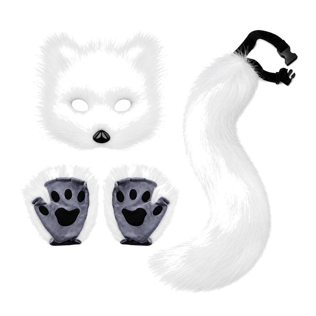 Furry Fox Cat Animal Costume Set 3 Pcs Mask Paw Gloves Tail Therian Fursuit Anime Cosplay Accessories Halloween for Women