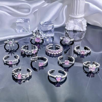 Pink Zircon Series Niche Design High-End Sense Light Luxury Love Open Ring Simple Sweet Cool Ring Woman
