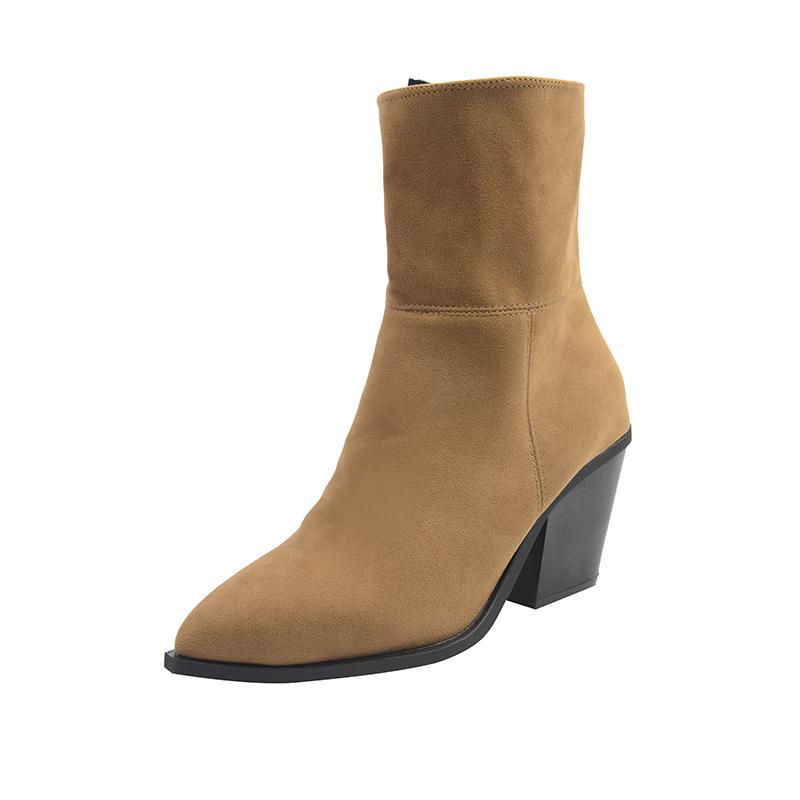 

Temperament Spliced Leather Shoes Fashion Pointed Toe Side Zipper Soft Sole Non-Slip Block Heel Booties 35 коричневый