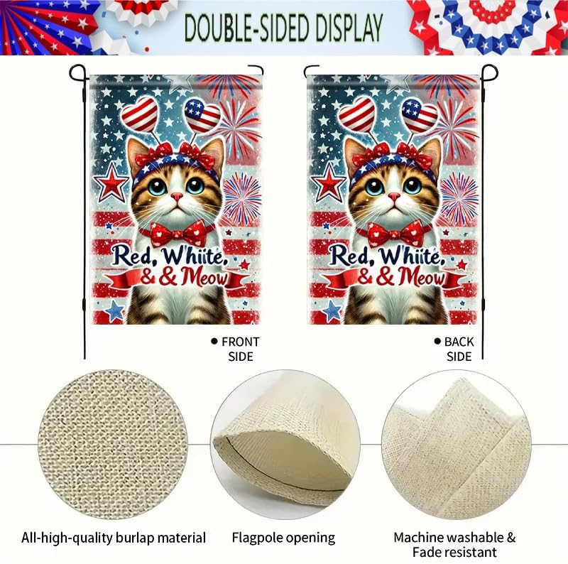 4th of July Patriotic Cat Garden Flags for Outside 12x18 Double Sided, Small Burlap Holiday Independence Day Memorial Day Ya