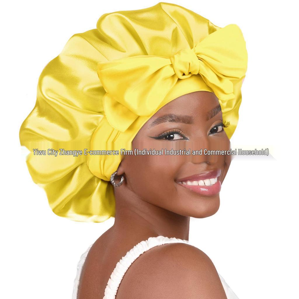 Satin Ribbon Round Silk Sleep Cap with Bowknot: Wide Brim Hair Care and Bath Hat