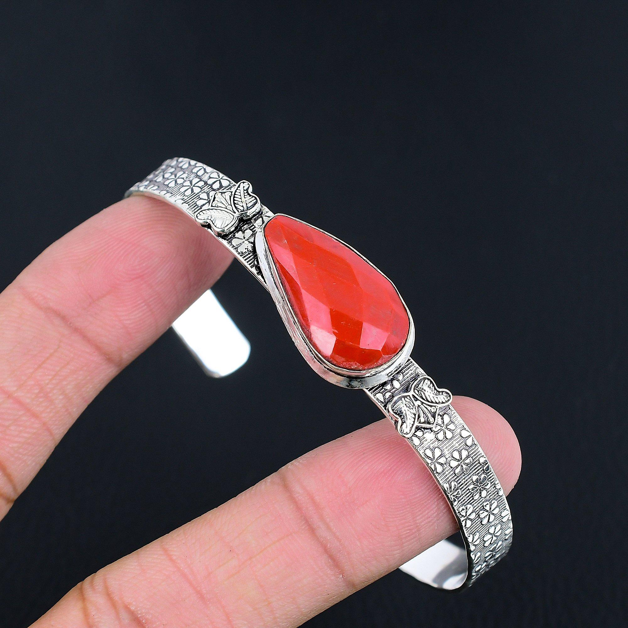 

Natural Italian Red Coral Gemstone 925 Silver Bangle Adjustable For Girls Adjustable