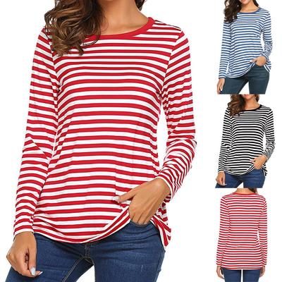 Women's Casual Long Sleeved Round Neck Striped Loose Fitting T-Shirt