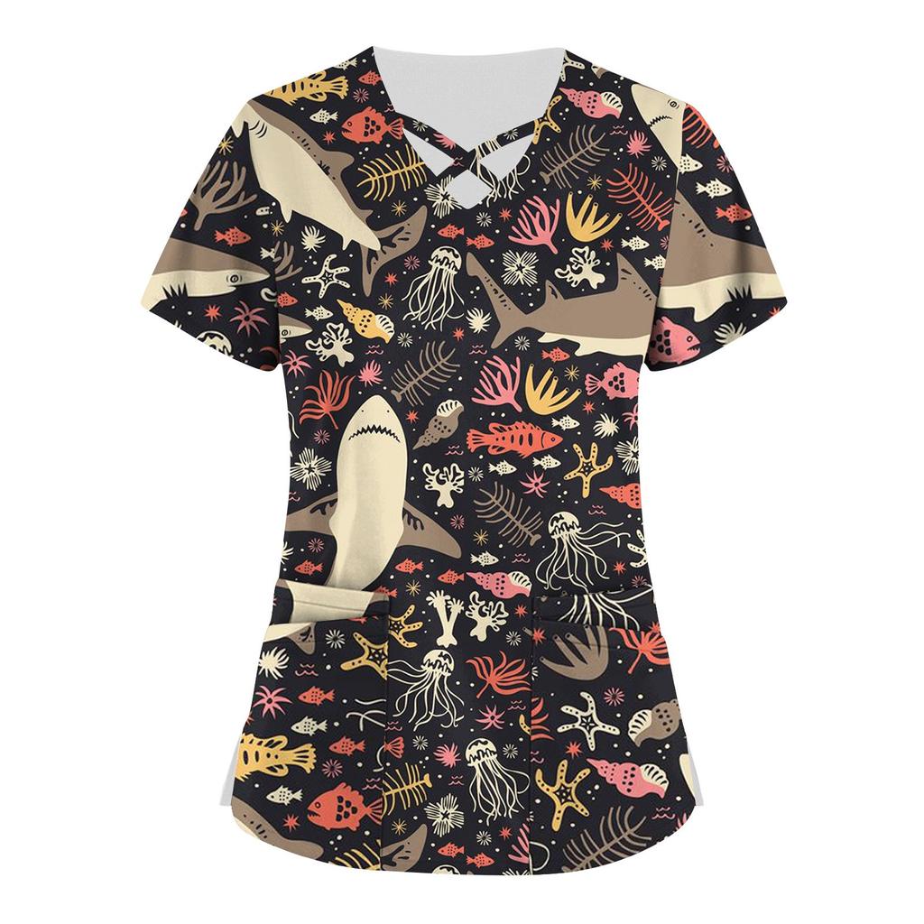 Plus rozmiar śliczny nadruk peeling roboczy jednolite topy dla kobiet krzyżowy dekolt w serek z krótkim rękawem zabawne koszulki odzież robocza Tee z kieszeniami