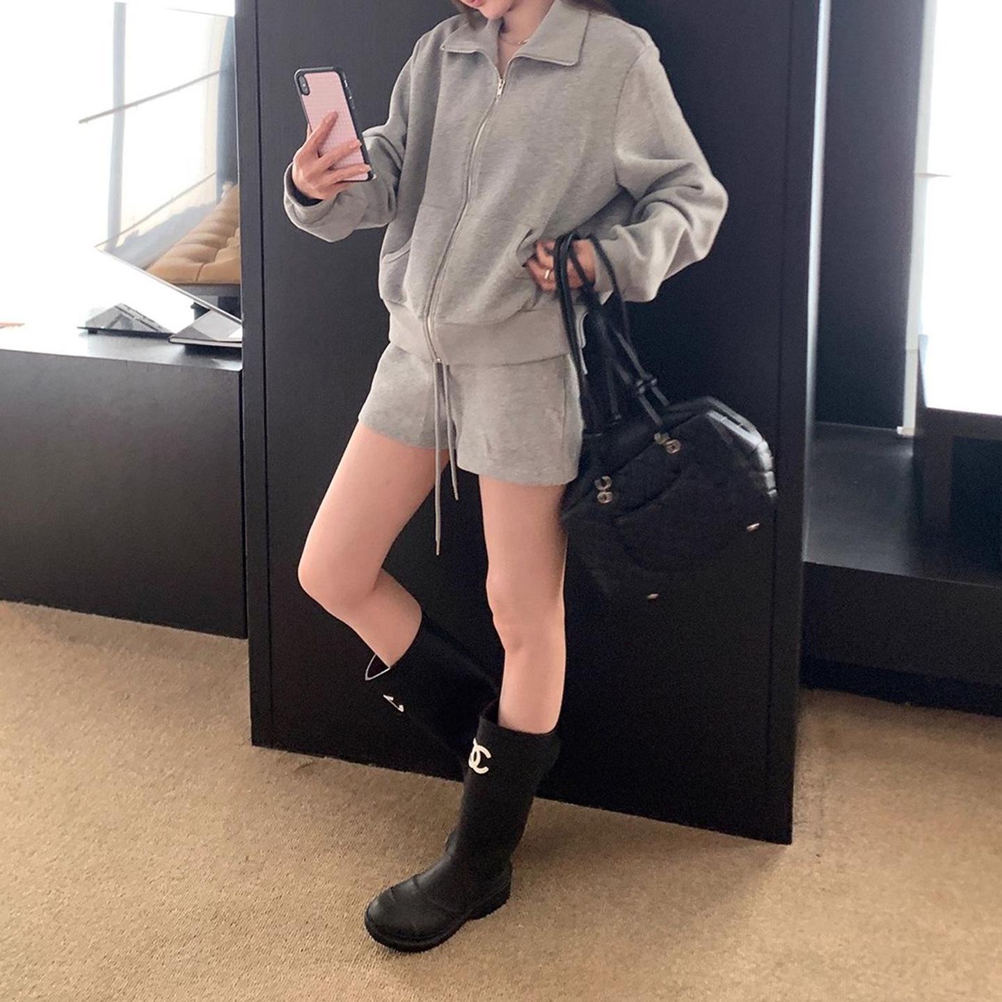Женский Корейский Спортивный Полный Комплект OOTD: Розовый худи на молнии и шорты - Идеально для осени/зимы. Extra Large