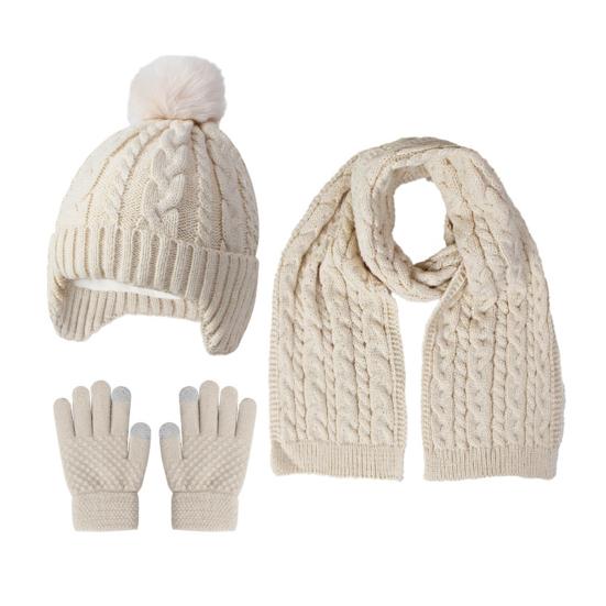 3Pcs/Set Kids Hat Scarf Glove Set Plush Ball Decor Twist Texture Knitting Hat Long Scarf Winter Gloves Set Winter Accessories