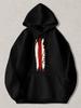 Black Hooded Sweatshirt with Abstract Red White Stripe & Musical Note Graphic - Unisex Pullover Hoodie Casual Regular Fit Suitable