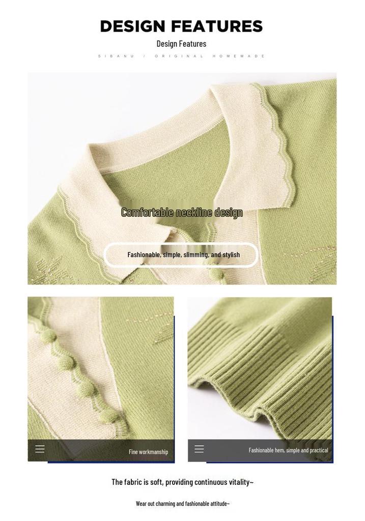 Mom's Autumn Knit Lapel Sweater Set – Long-Sleeve Top, Small Size for Middle-Aged & Elderly Women