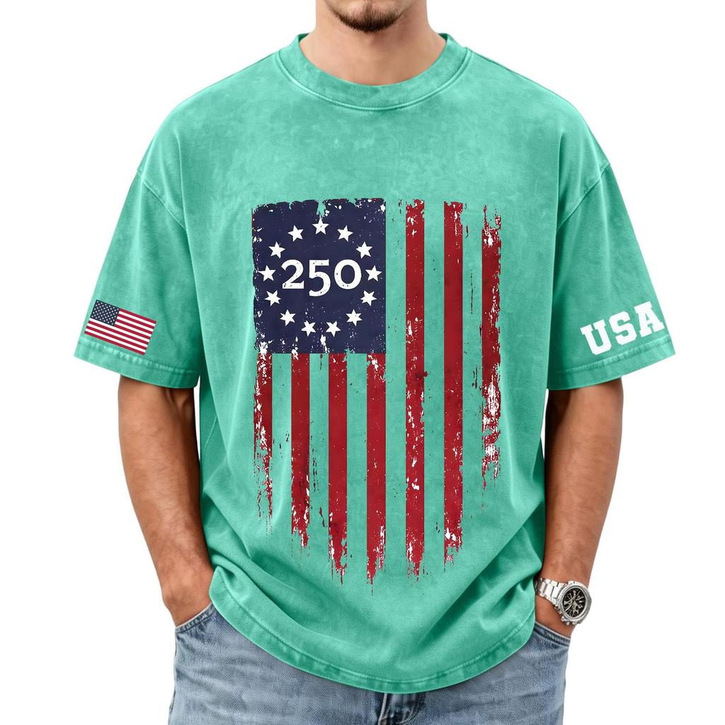 Herren lockeres und lässiges T-Shirt mit Flaggen-Buchstaben-Print - Trendiges gewaschenes kurzärmeliges Oberteil für Herren