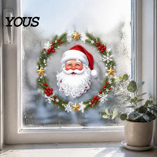 Wasserdichte PVC-Ornamente Weihnachts-Fenstersticker, Niedlicher Weihnachtsmann-Kranz-Aufkleber, Cartoon-Szenen-Layout Feiertags-Statik-Glasdekor für das Büro