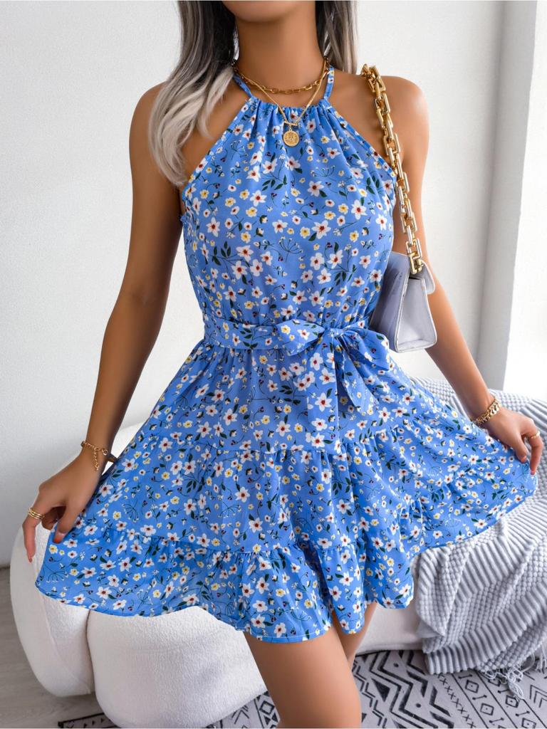 O Neck Printed Dress High Waist Elegant Flounce Dress for Women Sleeveless Loose Dresses Causal Dress