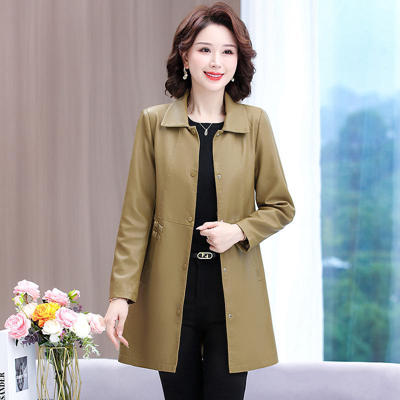 Stylish Leather Trench Coat for Middle-Aged Women - Spring & Autumn Slim-Fit, Washed Leather