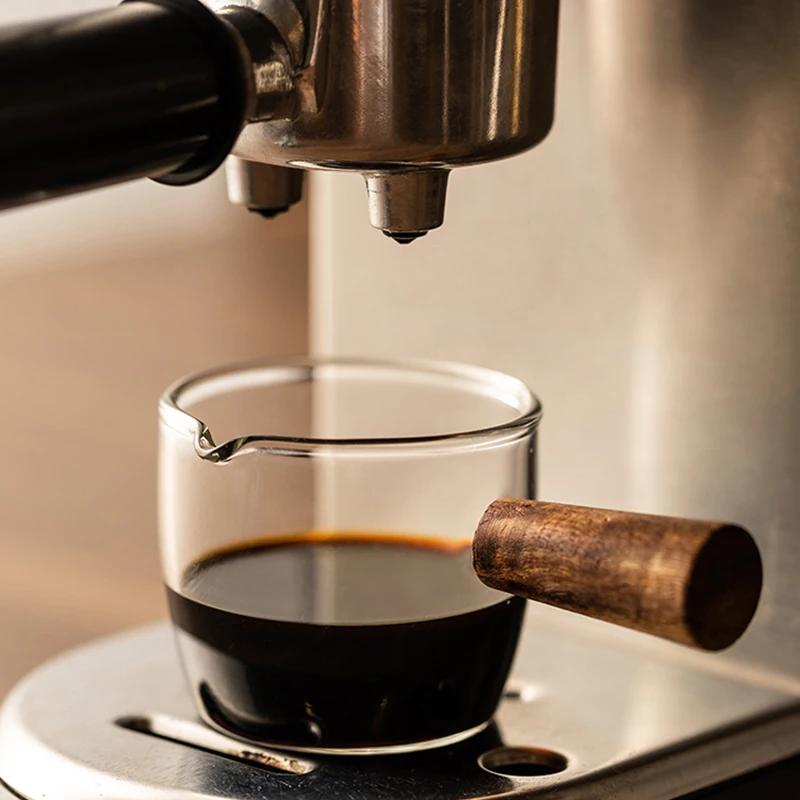 Japanese Mini Glass Milk Cup With Wood Hand Grip Frothing Jugs Coffee Sugar Pot Pointed Mouth Kitchen Supplies