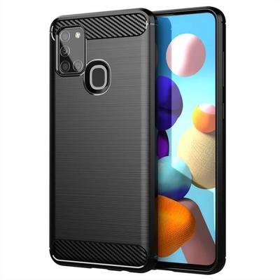 Samsung A21S Case - Flexible Carbon Fiber TPU Shockproof Protective Armor Cover Poured Into Galaxy A21S - Black