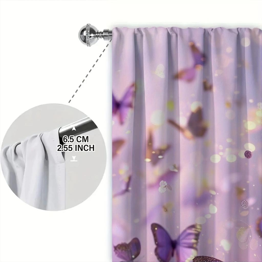 2pcs Purple Butterfly Printed Curtain for Home Decor - Rod Pocket Window Treatment for Bedroom, Office, Kitchen, Living Room