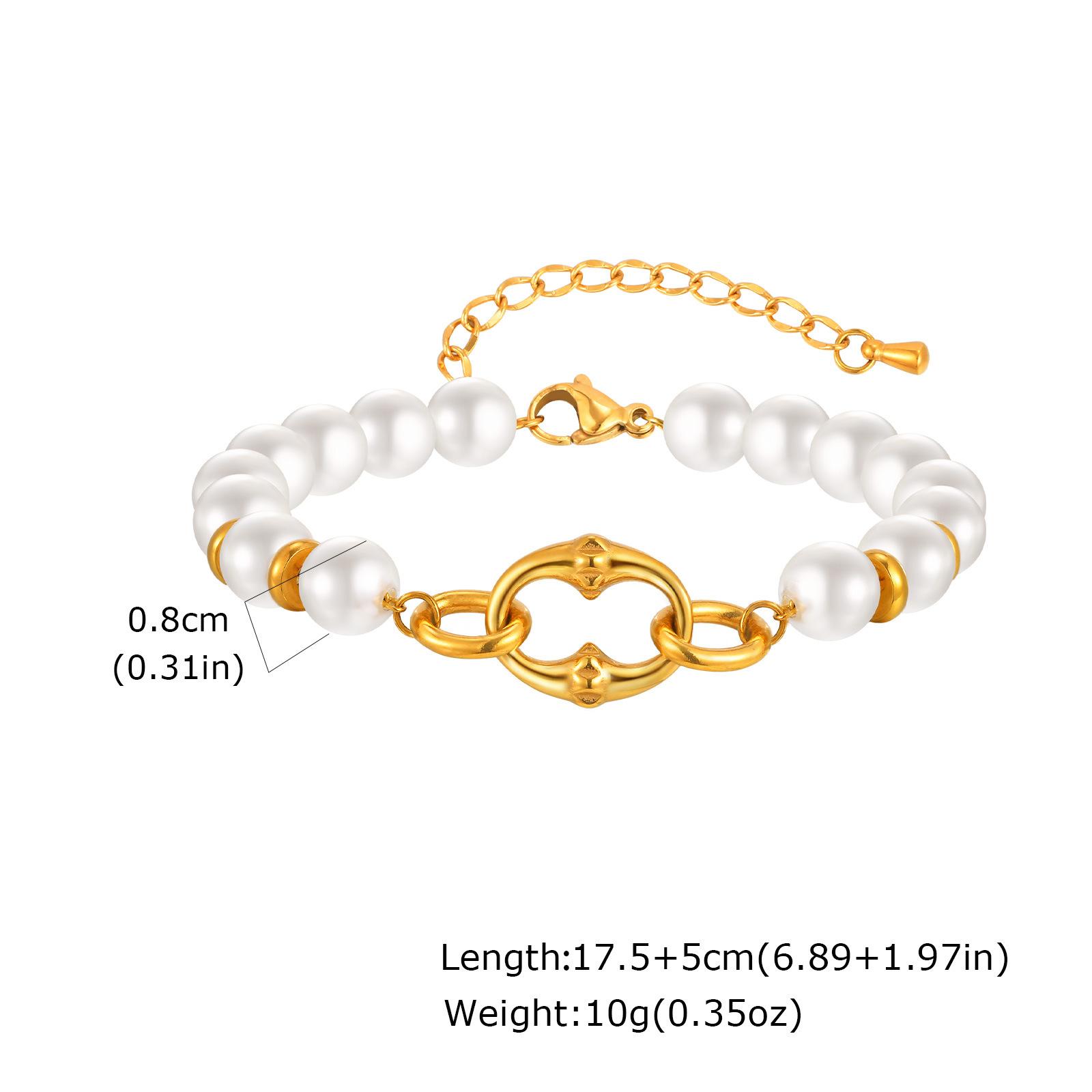 

Fashion Personality Stainless Steel Rivet Oval Imitation Pearl Bracelet Gold Ladies Accessories 2399