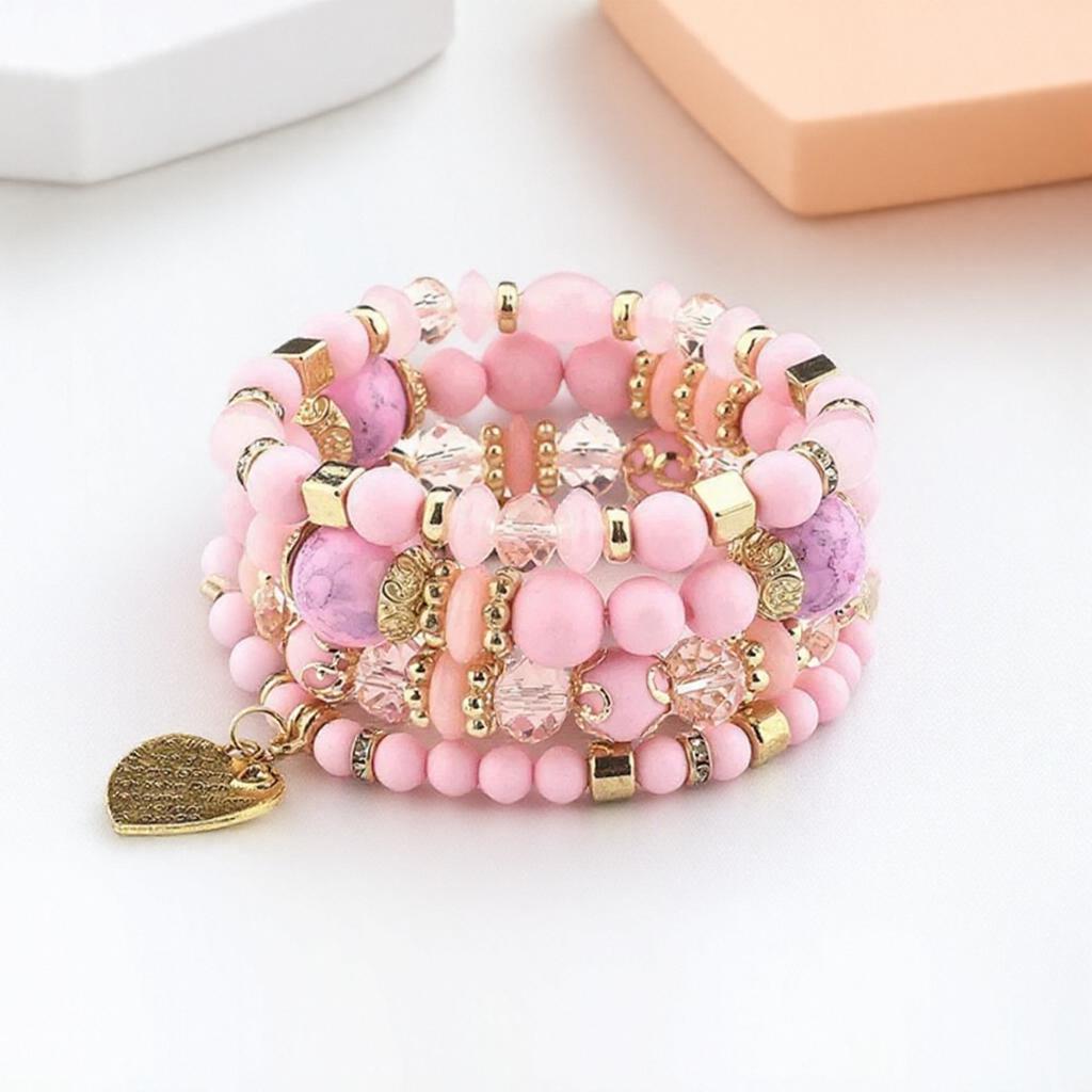 Boho Crystal Bead Bracelets for Women Elastic Heart Letter Bangles Wristband Yoga Jewelry Gift Set 4Pcs