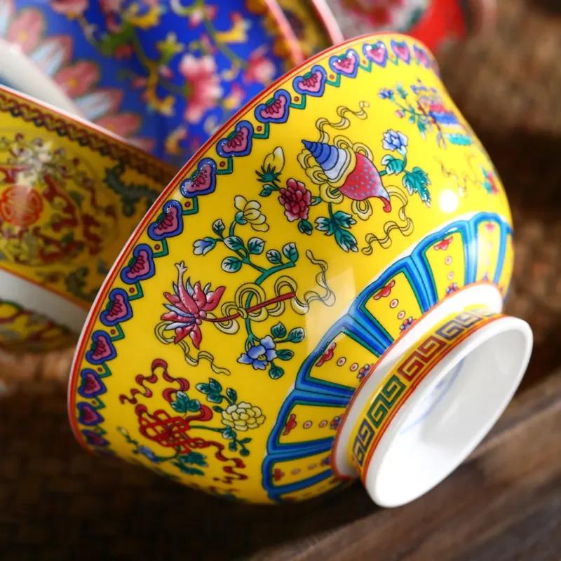 New Chinese Style Ceramic Bowl Enamel Colored Rice Bowl Kitchen Dish Set Bone Porcelain Household Bowl salad bowl set