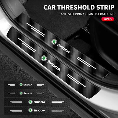 AAAAR1 4Pcs/set Carbon Fiber Car Door Sill Threshold Protector Logo Stickers For Octavia MK2 MK3 2 3 A7 Fabia Karoq Kodiaq Rapid